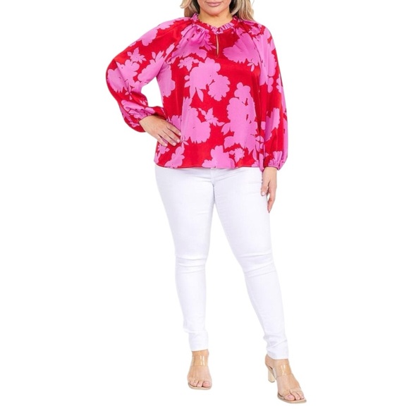 Sugarlips Plus Size Pink and Red Puff Sleeve Blouse 2X - Picture 2 of 8